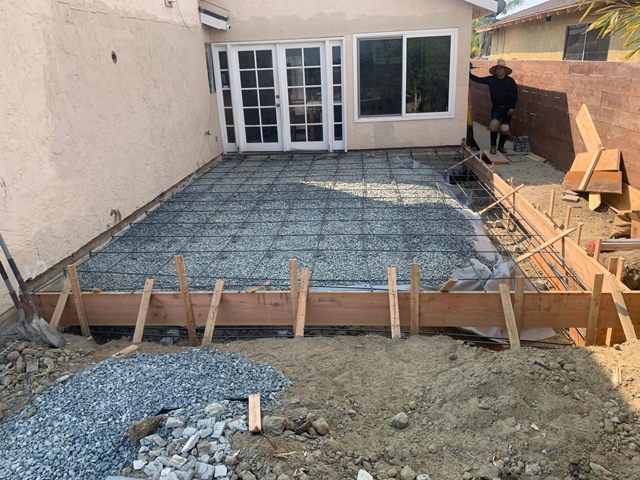 Foundation prepared and leveled for cement pour.